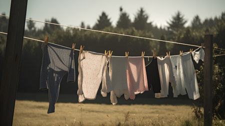 Laundry drying on a clothesline in the countryside. Toned.の素材