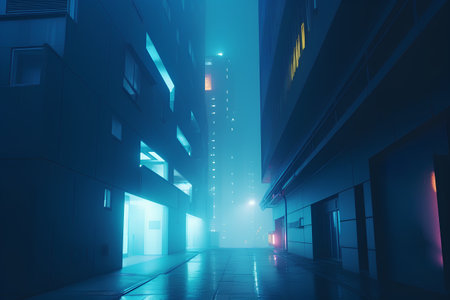 Futuristic city at night with neon lights. 3d renderingの素材