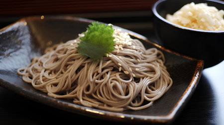 Japanese soba noodles with sesame seeds on a black background.の素材