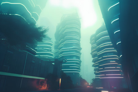 Modern skyscrapers in the fog at night. 3d renderingの素材
