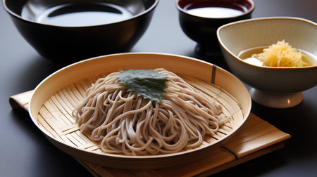 Japanese buckwheat soba noodle with soy sauce and gingerの素材