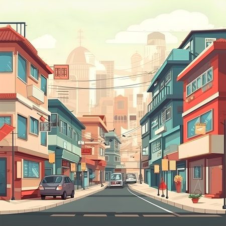 Street with buildings and cars. Vector illustration in retro style, vintage colors.の素材