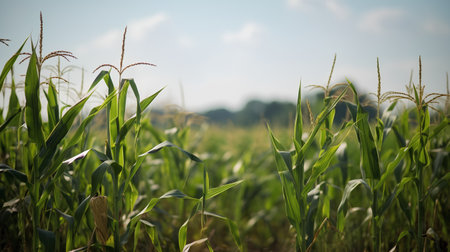 Close-up of a corn field with blue sky in the backgroundの素材