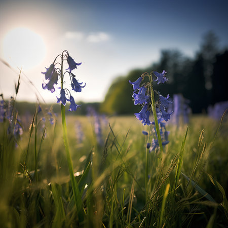 Bluebells in the meadow at sunset, shallow depth of fieldの素材