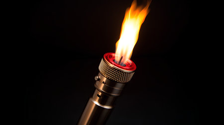 A closeup shot of a microphone with flames on a black backgroundの素材