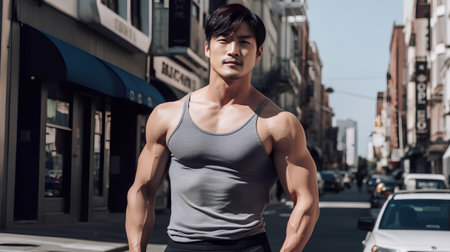 Handsome young man with a muscular body standing in the cityの素材