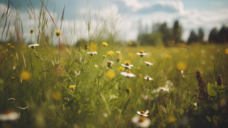 summer meadow with daisies and blue sky - retro vintage effectの素材