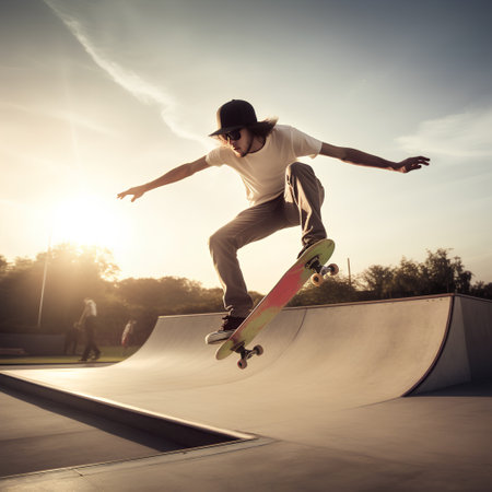 Skateboarder performing a trick in a skatepark at sunsetの素材