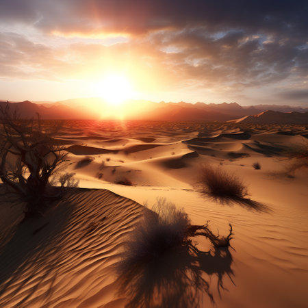 Dramatic sunset in the desert. 3d render illustration.の素材