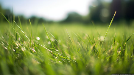 Green grass with dew drops, close-up. Nature backgroundの素材