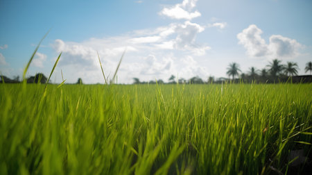 Rice field with blue sky and white clouds. Soft focus.の素材