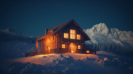 Wooden house in the mountains at night.3D illustration.の素材