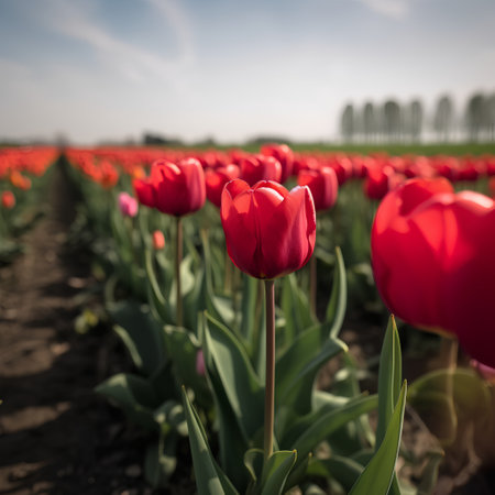 Red tulips growing in a field in the Netherlands. Spring landscape.の素材