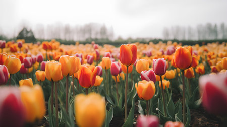 Colorful tulip flowers blooming in the field in the Netherlandsの素材
