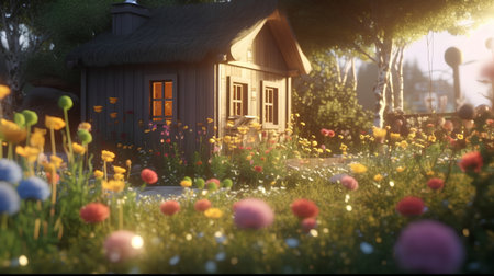 A small house in the garden with flowers and grass. 3d renderの素材