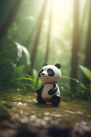 Panda bear sitting on the ground in the forest. 3d illustrationの素材