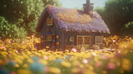 Little wooden house in the meadow with a lot of colorful flowersの素材