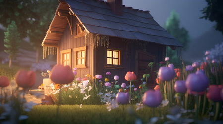 3d render of a little house in the garden with tulipsの素材