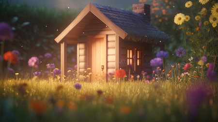 Little wooden house in the meadow with flowers. 3d renderingの素材