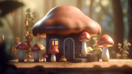 Mushroom house in the forest. 3d render illustration.の素材