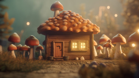 Wooden toy house in the forest with mushrooms. Halloween concept.の素材