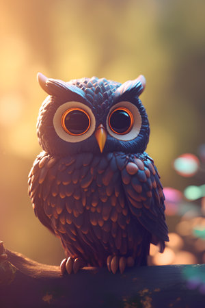 Cute owl on tree with bokeh background, close upの素材