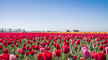 Red and pink tulips in an agricultural field in sunlight in springの素材