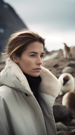 Young beautiful woman on the beach with swans. Winter fashion.の素材