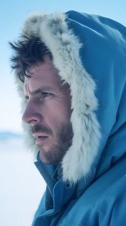 Portrait of a handsome man in a blue jacket on the frozen lakeの素材