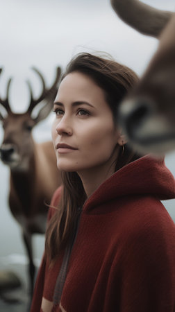 Portrait of a young beautiful girl in a red coat with deer.の素材
