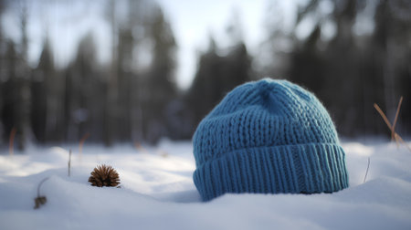 Winter hat on the snow in the forest. Blue hat with a pompon.の素材