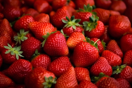 strawberries on the counter of a supermarket, close-upの素材
