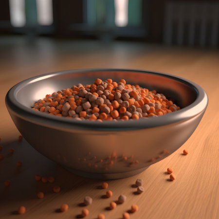 Bowl of red lentils on wooden table. 3d renderの素材