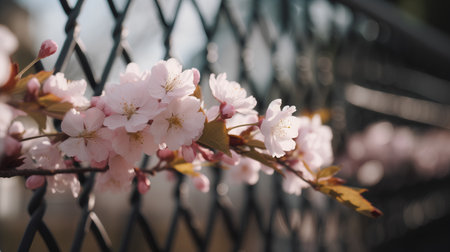 cherry blossom tree in spring time on a background of metal fenceの素材