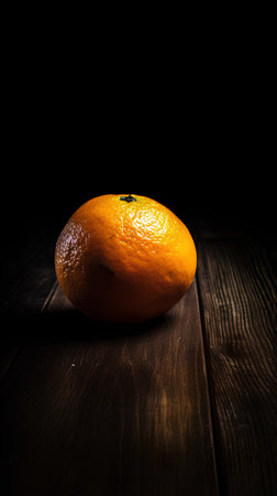 Ripe tangerine on a dark wooden background. Toned.の素材