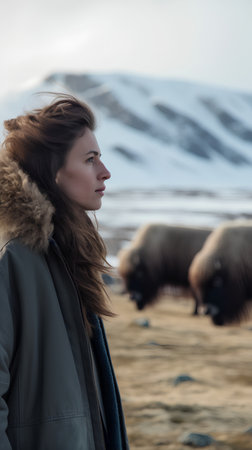 A young woman with long brown hair looks at a herd of sheep in the mountains.の素材