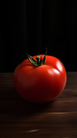 Tomato on a wooden table on a black background with space for textの素材