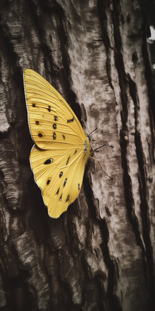 Yellow butterfly on a tree in the forest. Filtered image processed vintage effect.の素材