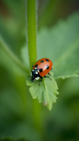 ladybug on green leaf in the nature or in the gardenの素材