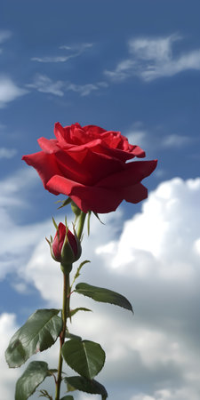 Beautiful red rose on a background of blue sky with clouds.