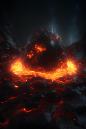 Volcanic eruption with lava and icicles. 3D renderingの素材