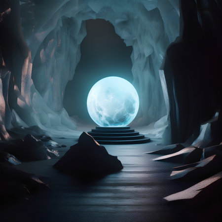 Mysterious dark cave with blue planet. 3D Renderingの素材