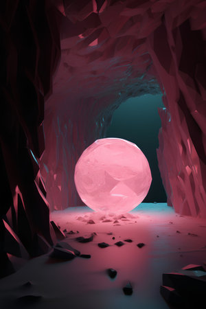 3d illustration of a dark cave with a pink crystal ball insideの素材