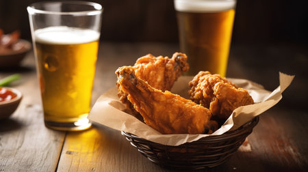 Fried chicken wings in a basket and two glasses of beer on a wooden tableの素材