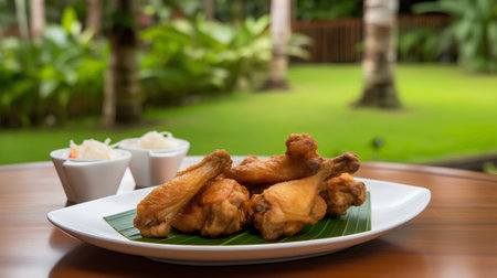 Fried chicken drumsticks on white plate on wooden table in the gardenの素材