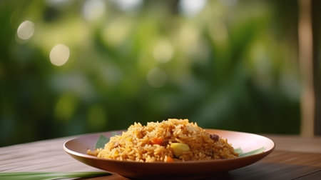 Plate of delicious pilaf on bamboo table with bokeh backgroundの素材