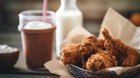 Fried chicken in basket with glass of milk on wooden background.の素材