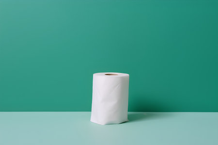 Roll of white toilet paper on green background. Minimal concept.の素材