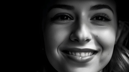 Black and white close up portrait of a beautiful young woman smiling.の素材