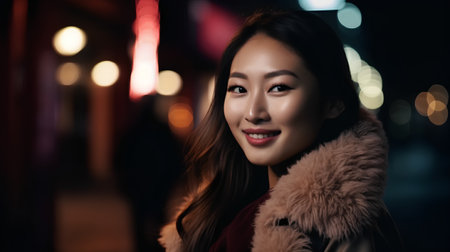 Portrait of a beautiful asian woman in the city at nightの素材